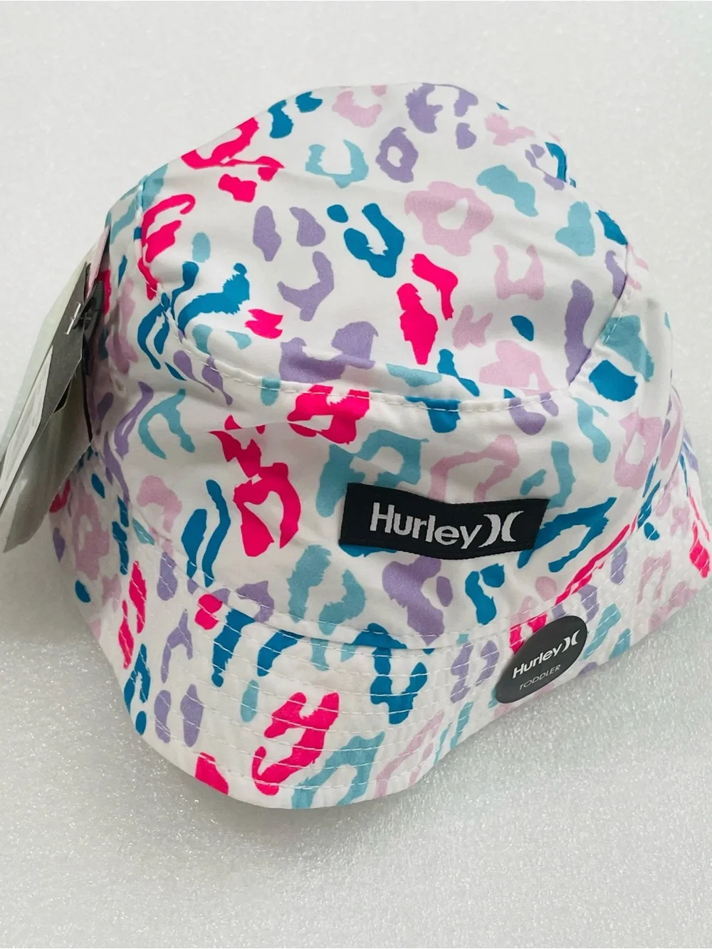 Hurley Kids White Bucket Hat with Pink, Teal, Purple Leopard Print